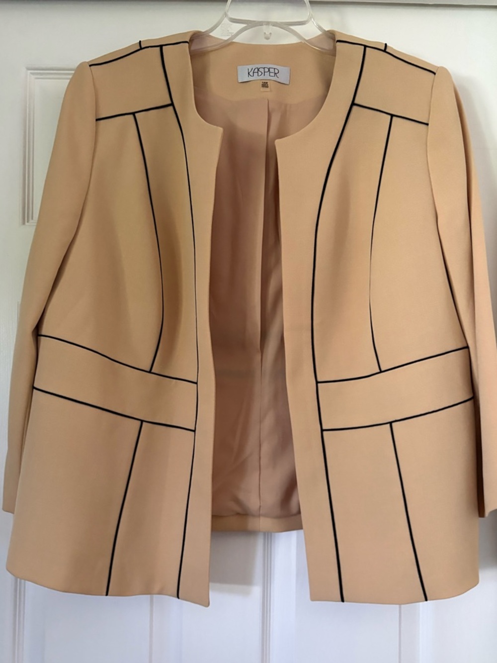 Kasper: 14W, Cream-Tan Open Front Jacket with black pencil